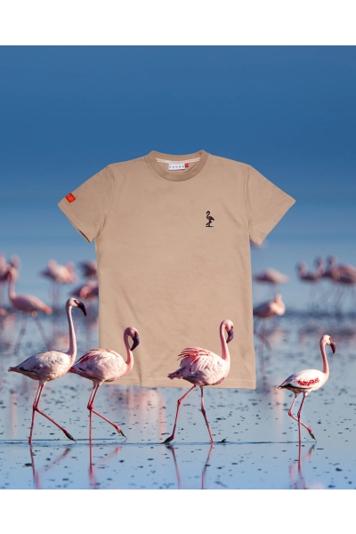 T-shirt damski Basic z flamingiem karmazynowym - beżowy